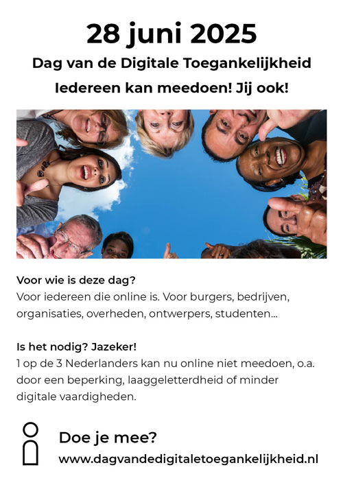 Voorbeeld van de promotieflyer voor Dag van de Digitale Toegankelijkheid om te printen in kleur