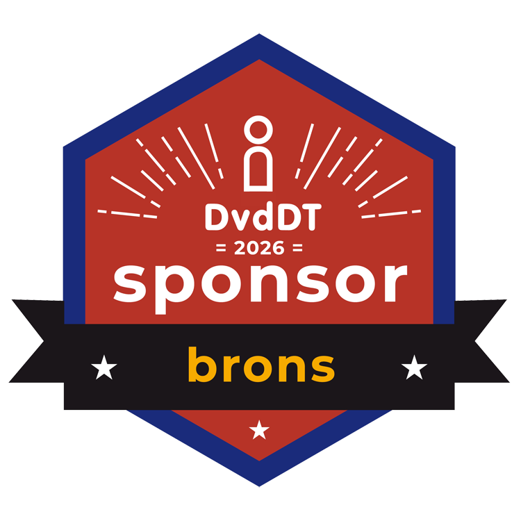 Logo Bronzen Sponsor: blauwe rand, binnenin rood. Witte streepjes bij het logo van Dag van de Digitale Toegankelijkheid, eronder het jaartal en ‘sponsor’. In de banner ‘Brons’.