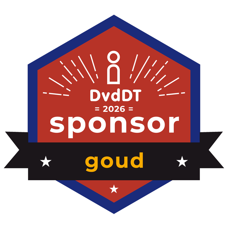 Gouden Sponsor logo 2026: blauwe rand, binnenin rood. Witte streepjes bij het logo van Dag van de Digitale Toegankelijkheid, eronder het jaartal en ‘sponsor’. In de banner ‘Goud’.